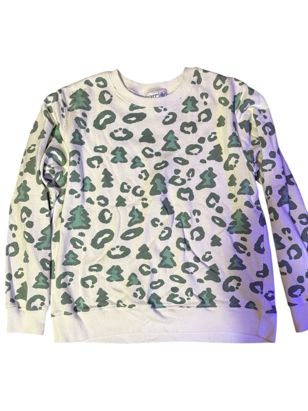 Mighty Fine White Sweatshirt with Green Tree & Leopard Print